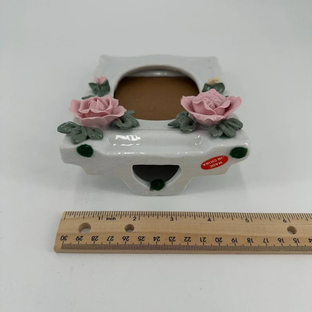 Vintage White Ceramic 3x5 or 4x6 Photo Frame with Pink Roses - Cottagecore